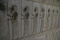 A line of Persian soldiers guard the Apadana Staircase